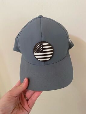 Branded Bills Flexfit 110 Performance Hat Gray American Flag Leather Patch